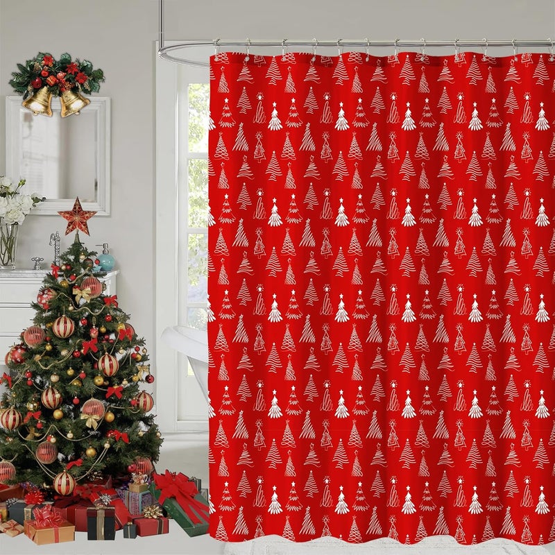 YOSTEV Christmas Shower Curtain, Christmas Tree Shower Curtains for Bathroom, Red Winter Holiday Shower Curtain for Bathroom Decor, Merry Christmas Xmas Pine Fabric Cloth Bath Curtain, 72 x 72 Inch - Image 1